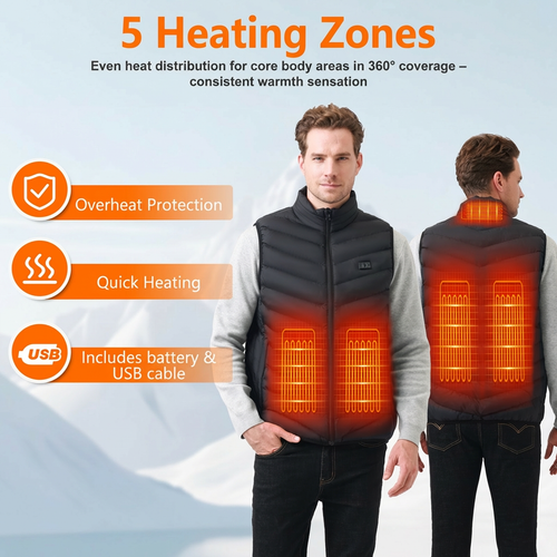 Mincoo Heated vest for men and women with 10000mAh battery, 5 heating zones, 3-stage temperature control, dual control, warm vest for winter activities