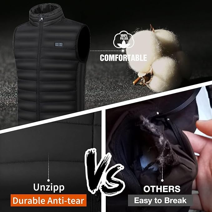 Unzipp Heated vest for men and women: Winter warm heated jacket vest with 5V 10000 mAh battery, 3 adjustable temperatures, machine washable for outdoor activities
